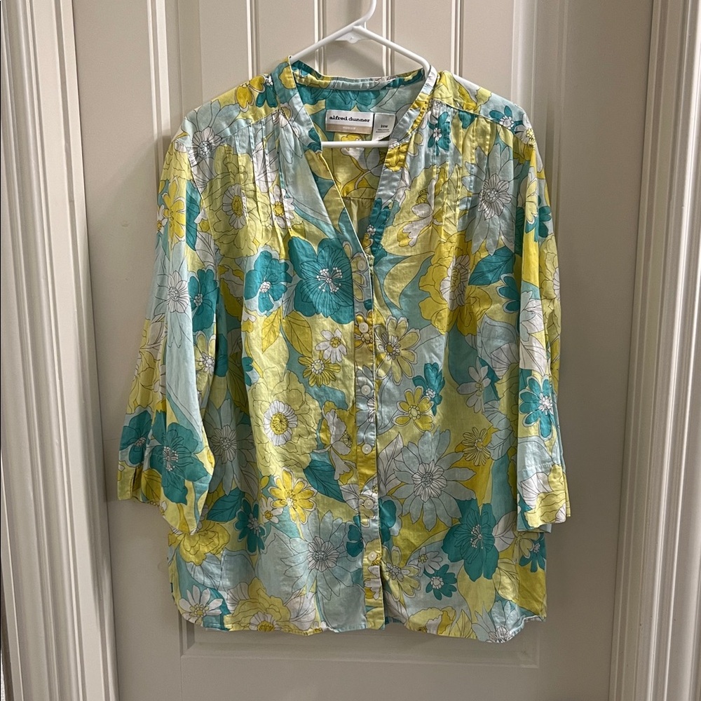 Alfred Dunner Floral Button Down Shirt - Yellow, Blue, White